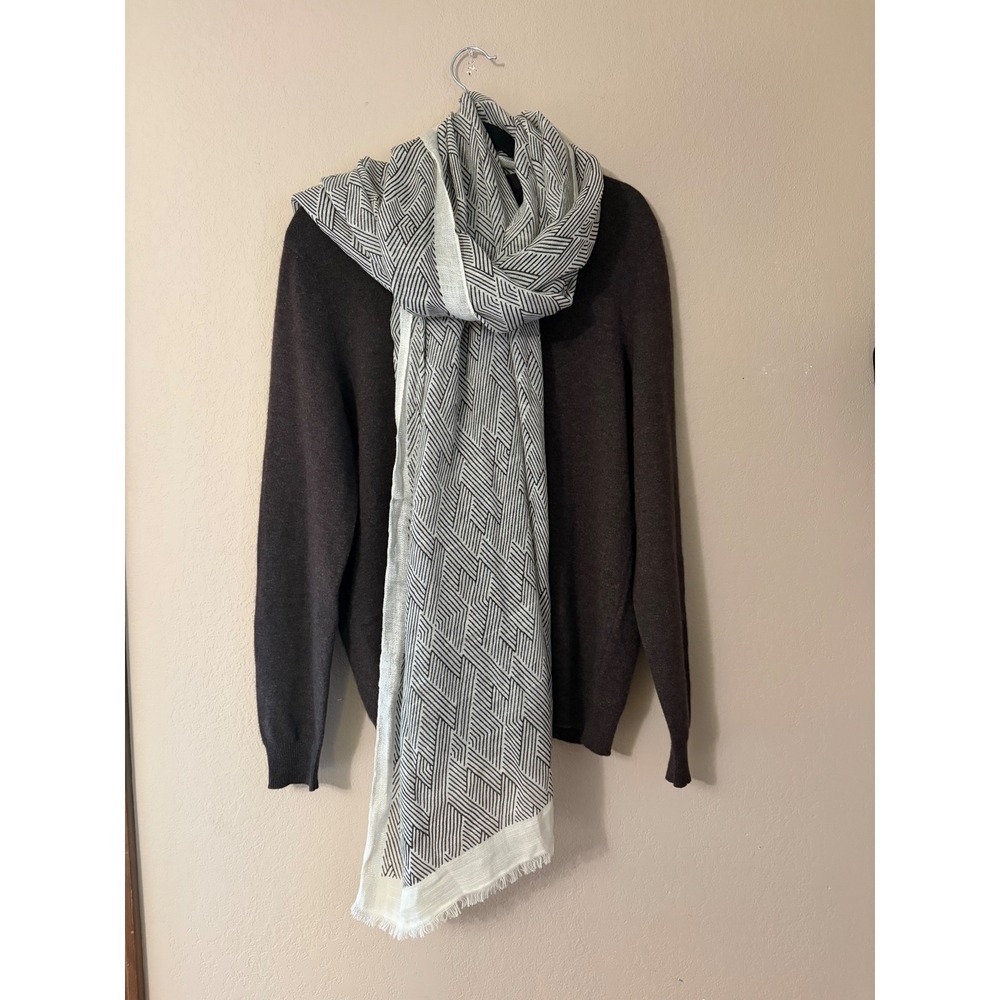 Geometric Silk Blend Scarf‎ Wrap Metallic Silver Lurex Border Chevron Fringed